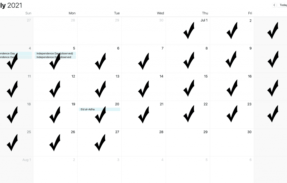 Image of a calender with checkmarks on it